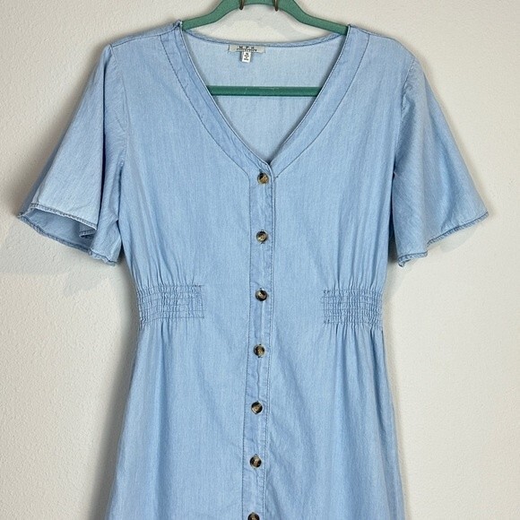MPH Collection Chambray Button Up V-neck Sheath Midi Dress S - Picture 2 of 8